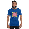 bella+canvas unisex t-shirt in royal blue with a classic female devil face design in pink