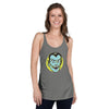 front view of next level women's racerback tank in athletic heather featuring a classic halloween vampire face in blue