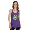 front view of next level women's racerback tank in purple rush featuring a classic halloween vampire face in blue