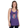 front view of next level women's racerback tank in purple rush featuring a classic halloween male devil face in pink