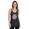 front view of next level women's racerback tank in charcoal featuring a classic halloween male devil face in pink