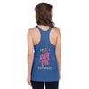 back view of next level women's racerback tank in charcoal featuring the 2023 zombie bike ride logo and the words ride or die key west