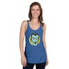 front view of next level women's racerback tank in royal blue featuring a classic halloween vampire face in blue