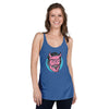 front view of next level women's racerback tank in royal blue featuring a classic halloween male devil face in pink