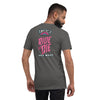 back of bella+canvas unisex t-shirt in asphalt with the 2023 zombie bike ride logo and the words ride or die in pink and key west in white