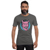 bella+canvas unisex t-shirt in asphalt with a classic devil face design in pink