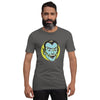 bella+canvas unisex t-shirt in asphalt with a classic vampire face design in blue