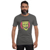 bella+canvas unisex t-shirt in asphalt with a classic frankenstein face design in green