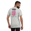 back of bella+canvas unisex t-shirt in athletic heather with the 2023 zombie bike ride logo and the words ride or die in pink and key west in white