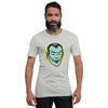 bella+canvas unisex t-shirt in athletic heather with a classic vampire face design in blue