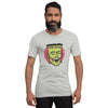 bella+canvas unisex t-shirt in athletic heather with a classic frankenstein face design in green