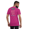 back of bella+canvas unisex t-shirt in berry with the 2023 zombie bike ride logo and the words ride or die in pink and key west in white