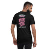 back of bella+canvas unisex t-shirt in black with the 2023 zombie bike ride logo and the words ride or die in pink and key west in white