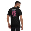 back of bella+canvas unisex t-shirt in black with the 2023 zombie bike ride logo and the words ride or die in pink and key west in white