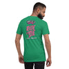 back of bella+canvas unisex t-shirt in kelly green with the 2023 zombie bike ride logo and the words ride or die in pink and key west in white
