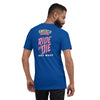 back of bella+canvas unisex t-shirt in royal blue with the 2023 zombie bike ride logo and the words ride or die in pink and key west in white
