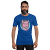 bella+canvas unisex t-shirt in royal blue with a classic devil face design in pink