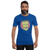 bella+canvas unisex t-shirt in royal blue with a classic frankenstein face design in green