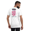back of bella+canvas unisex t-shirt in white with the 2023 zombie bike ride logo and the words ride or die in pink and key west in white