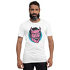 bella+canvas unisex t-shirt in white with a classic devil face design in pink