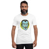 bella+canvas unisex t-shirt in white with a classic vampire face design in blue
