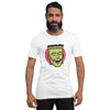 bella+canvas unisex t-shirt in white with a classic frankenstein face design in green