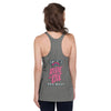 back view of next level women's racerback tank in athletic heather featuring a classic halloween witch the 2023 zombie bike ride logo and the words ride or die key west