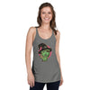 front view of next level women's racerback tank in athletic heather featuring a classic halloween witch face in green