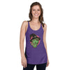 front view of next level women's racerback tank in purple rushl featuring a classic halloween witch face in green