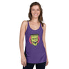 front view of next level women's racerback tank in purple rush featuring a classic frankenstein face in green