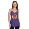 front view of next level women's racerback tank in purple rush featuring a classic halloween female devil face in pink