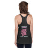 back view of next level women's racerback tank in charcoal featuring a classic halloween witch the 2023 zombie bike ride logo and the words ride or die key west