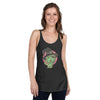 front view of next level women's racerback tank in charcoal featuring a classic halloween witch face in green