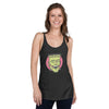 front view of next level women's racerback tank in charcoal featuring a classic frankenstein face in green