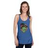 front view of next level women's racerback tank in royal blue featuring a classic halloween witch face in green