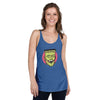 front view of next level women's racerback tank in royal blue featuring a classic frankenstein face in green