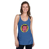 front view of next level women's racerback tank in royal blue featuring a classic halloween female devil face in pink